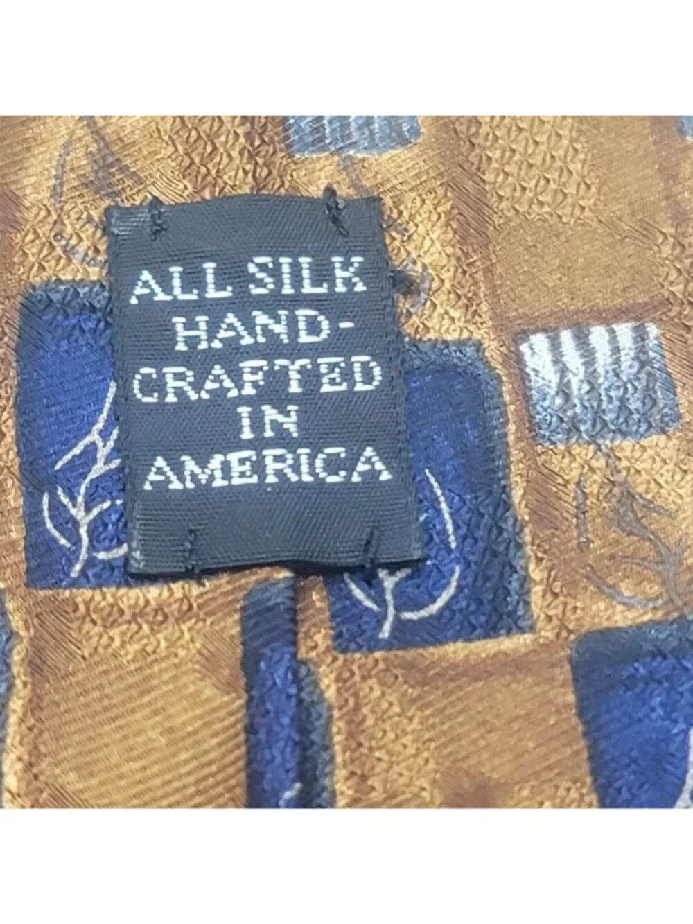 Handcrafted J.Z. Richards Parisian All Silk Tie Gold & Navy Blue Leaf Pattern